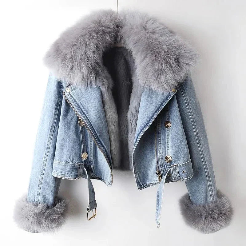 Damen Jeansjacke Kunstpelzkragen warmes Futter strukturierte Passform Reißverschluss
