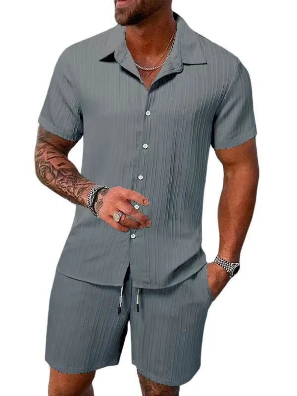 Herren Kurzarm Hemd Set Grün mit Shorts Strukturmuster Freizeit Zweiteiler Sommer Outfit
