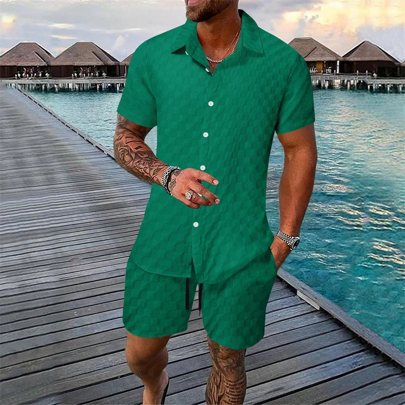 Herren Freizeit Set Hellblau Kurzarmhemd Shorts Strukturmuster Sommer Zweiteiler Knopfleiste Casual