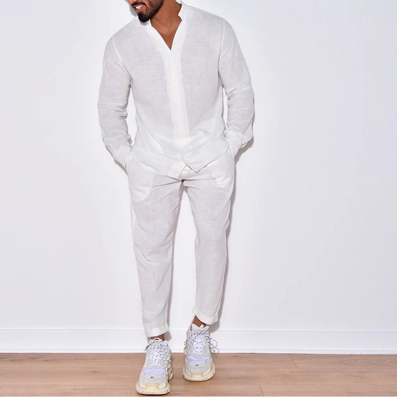 Herren Freizeitanzug Weiß Zweiteiler Langarm Hemd Hose Locker Geschnitten Casual Sommer Outfit