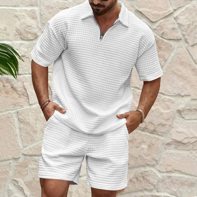 Herren Kurzarm Polo-Set Olivgrün mit Shorts Strukturmuster Reißverschluss atmungsaktiv Freizeit Zweiteiler