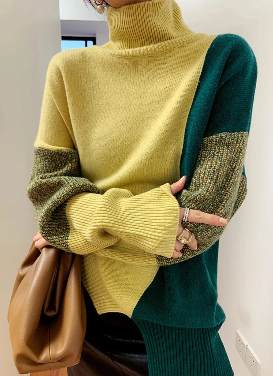 Damen Rollkragenpullover Zweifarbig Langarm weiches Material lockere Passform-Kontrastdesign