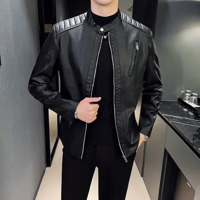 Herren Lederjacke Schwarz Slim Fit Elegant Klassisch Reißverschluss