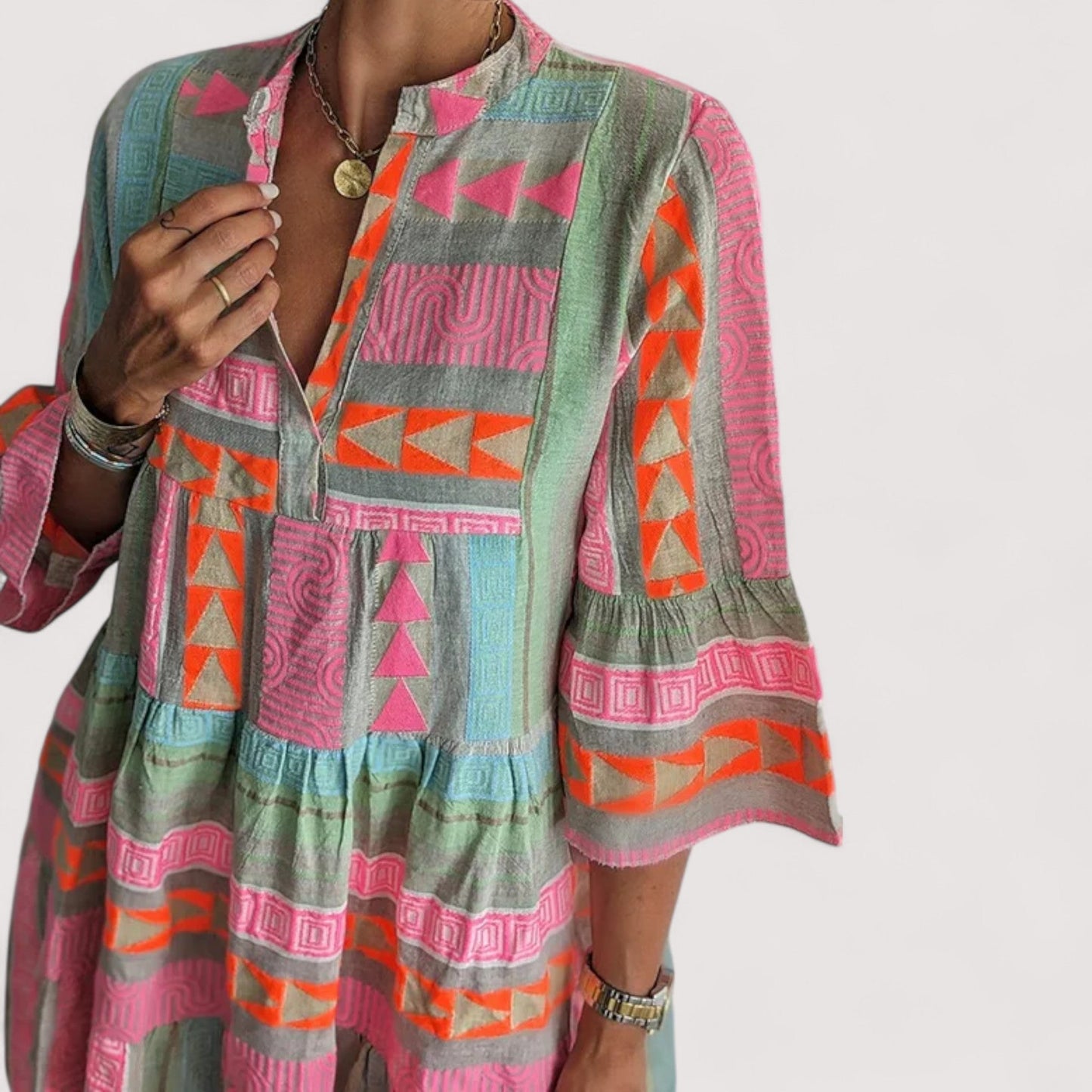 Damen Kleid Boho Stufen-Design locker Passform fließend vielseitig bequem