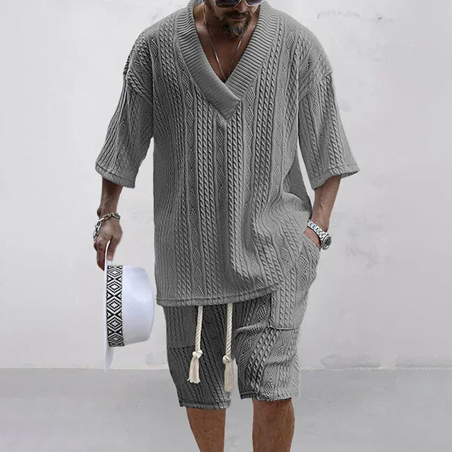 Herren Strick Zweiteiler Weiß V-Ausschnitt Kurzarm Shirt mit Shorts Strukturmuster Freizeit Sommer Set