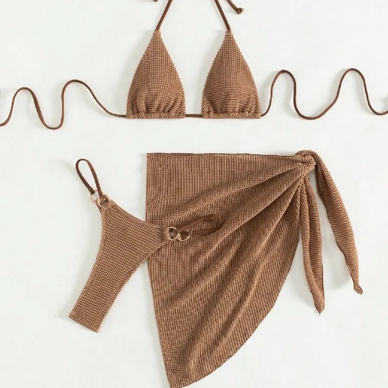 Damen Bikini-Set braun Halter Push-Up 3-teilig Tanga Bademode