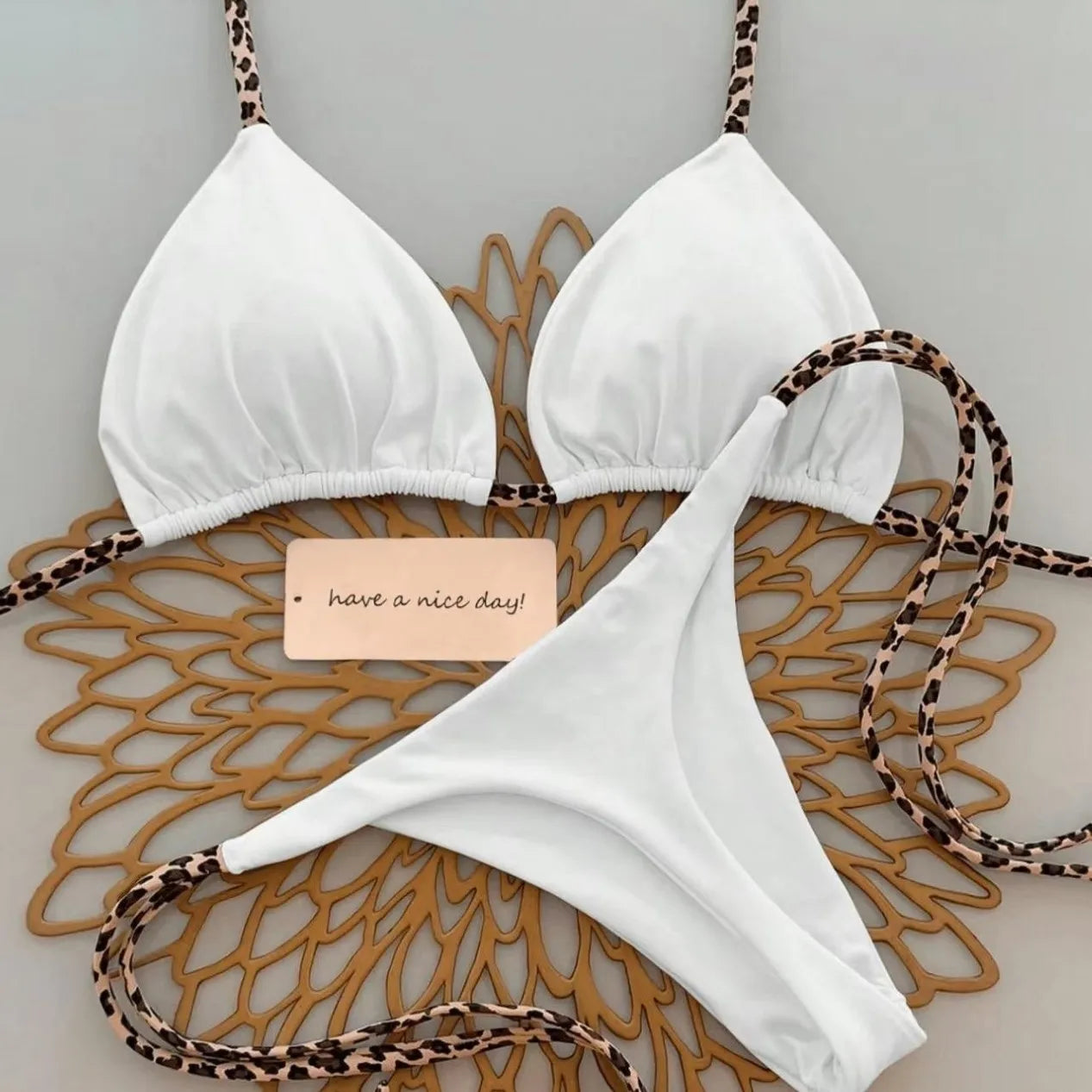Damen Bikini-Set Leopardenmuster Tanga Bademode Strand Badeanzug