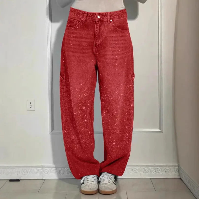 Damen Wide-Leg-Jeans High Waist mit Sternen und Hot-Diamond-Details Modische Casual Jeans