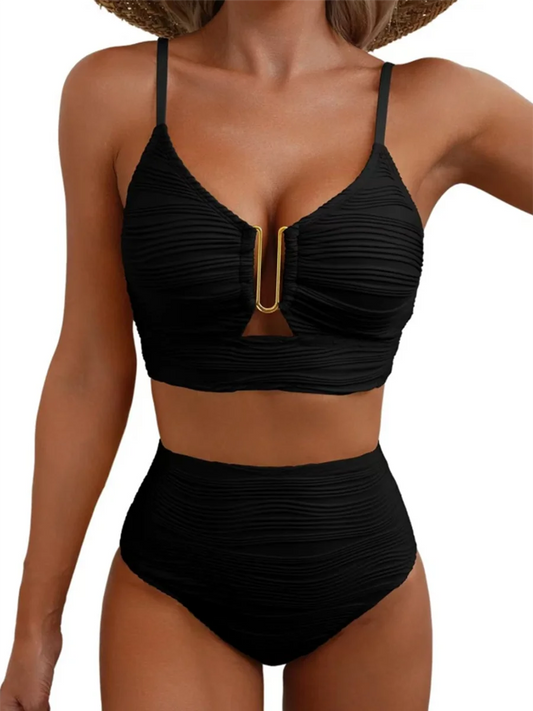 Damen High-Waist Bikini Einfarbig U-Draht Bademode Sommer Strand Badeanzug