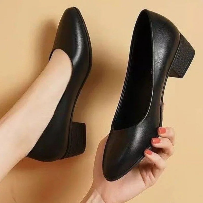 Damen Pumps Schwarz Echtleder Slip-On formelle Schuhe niedriger mittlerer Absatz bequem