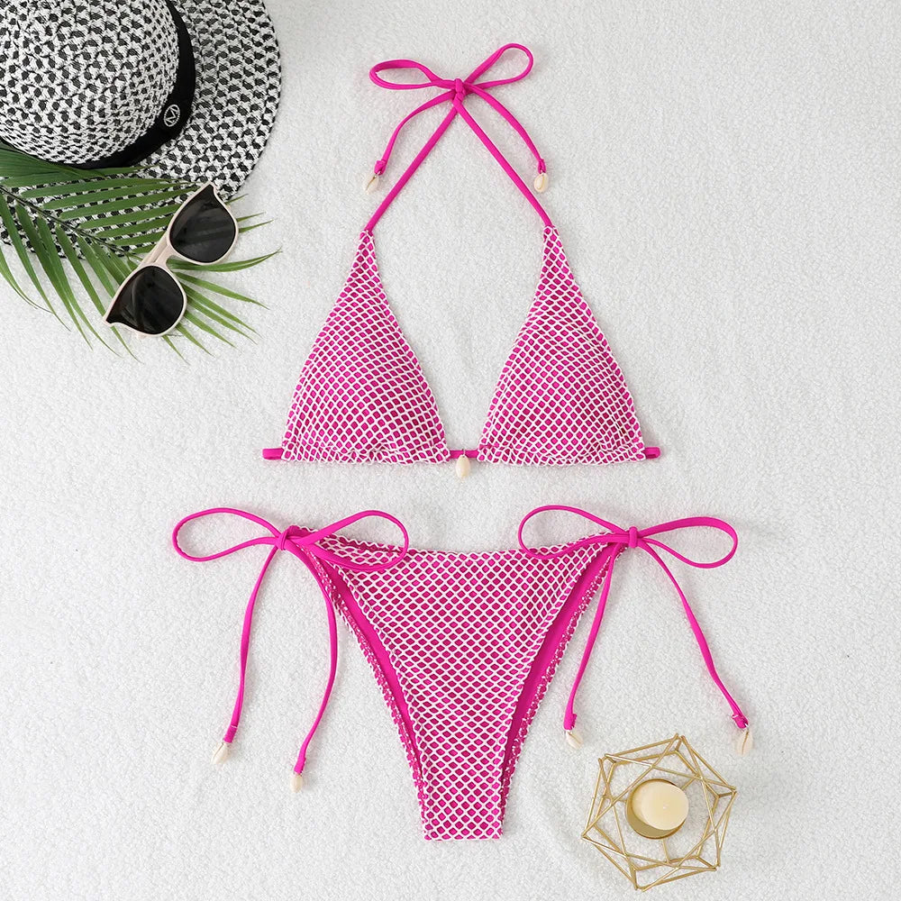 Damen Bikini Set Einfarbig Neckholder Schnürung Rückenfrei Tanga Bademode