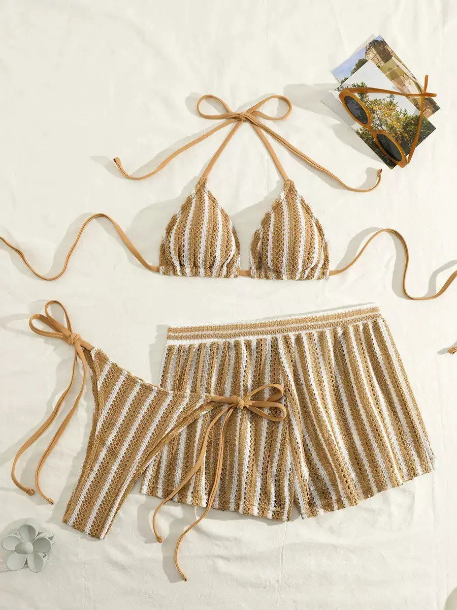 Damen Bikini Set Boxershorts Mesh Schnürung Ausschnitt Dreiteilige Bademode