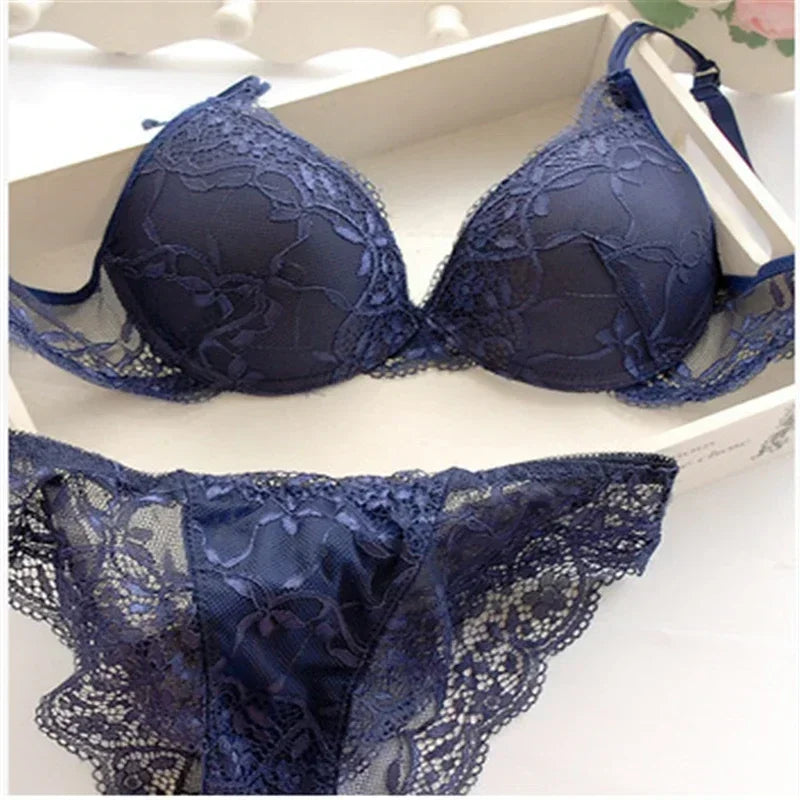 Damen Dessous Set dunkelblau Spitzen BH Slip Push-up transparent florales Design
