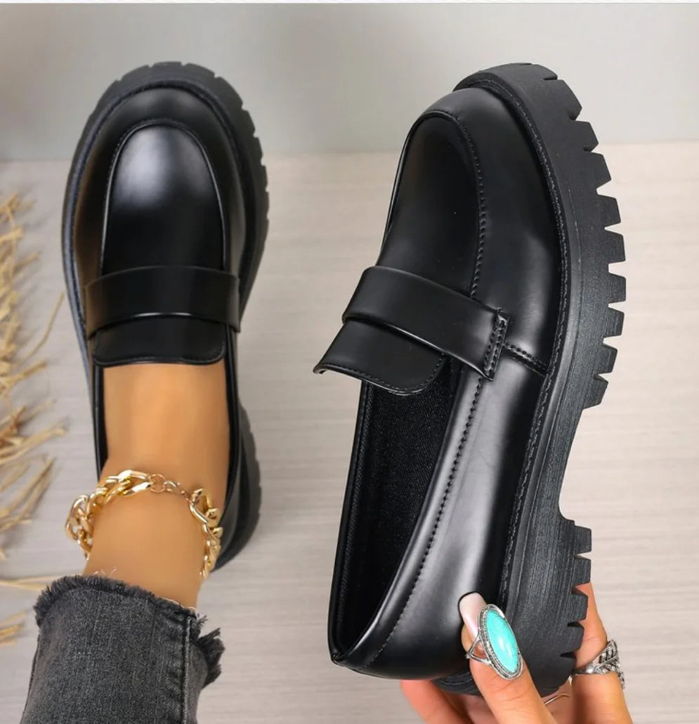 Damen Loafer Plattform Schwarz Plus Size Oxford Schuhe runde Kappe dicker Boden Slip-On