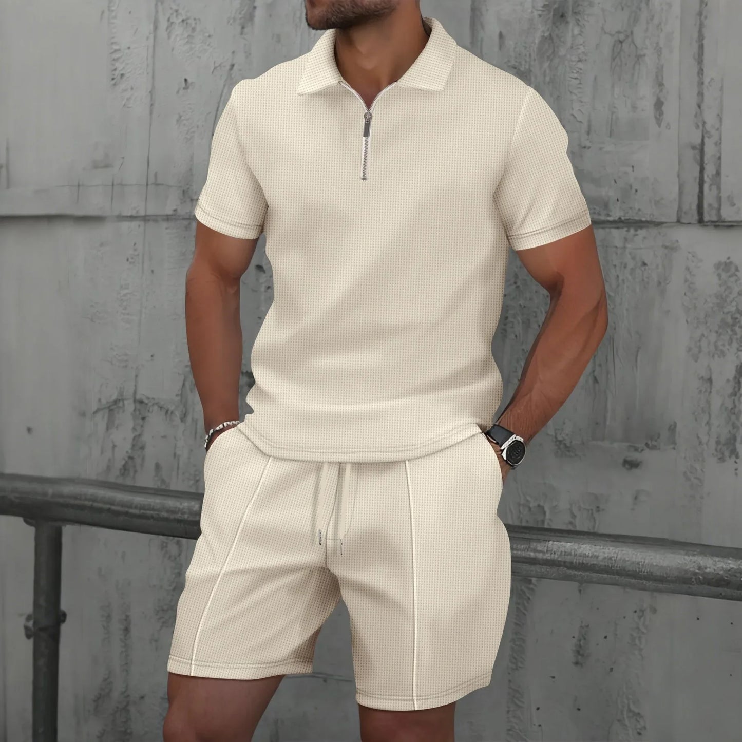 Herren Polo Set Creme mit Shorts Kurzarm Reißverschluss Strukturmuster Freizeit Zweiteiler Sommer