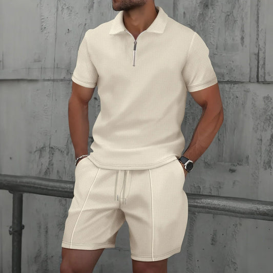 Herren Polo Set Creme mit Shorts Kurzarm Reißverschluss Strukturmuster Freizeit Zweiteiler Sommer