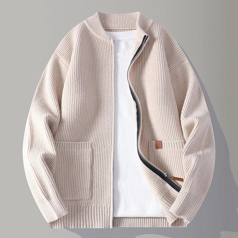 Herren Rippstrick Cardigan Reißverschluss Kragenlos Regular Fit Strickjacke Taschen Alltag Basic