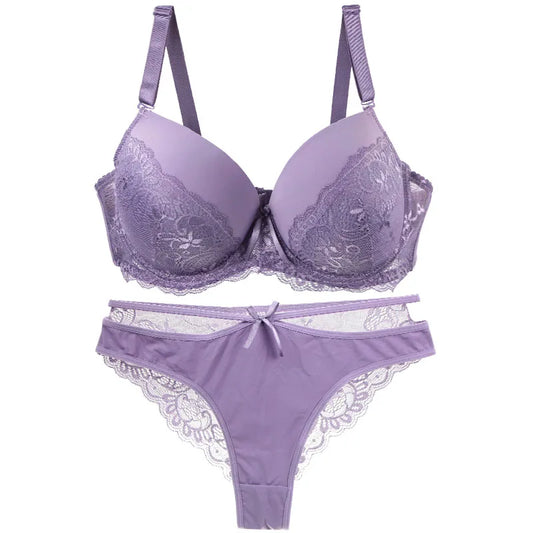 Damen Dessous Set Lila Push-up BH mit Spitze und Bügel inklusive Slip Unterwäsche mit formender Passform