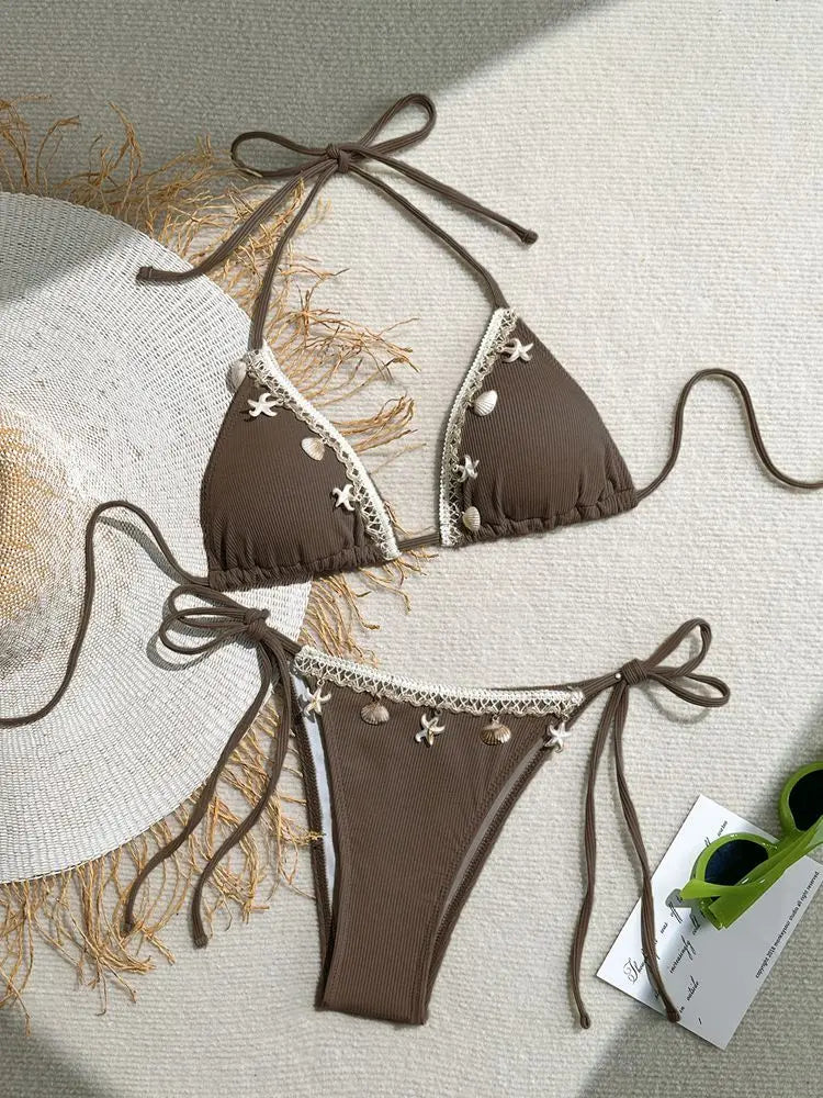 Damen Triangel Bikini Neckholder Muschel Seestern Zweiteilige Strand Bademode