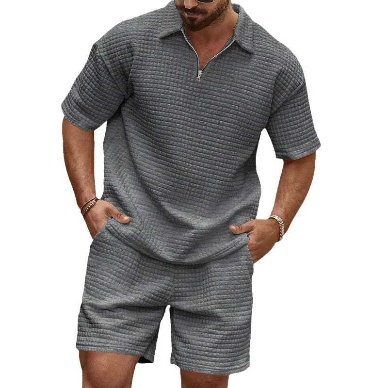 Herren Kurzarm Polo-Set Olivgrün mit Shorts Strukturmuster Reißverschluss atmungsaktiv Freizeit Zweiteiler