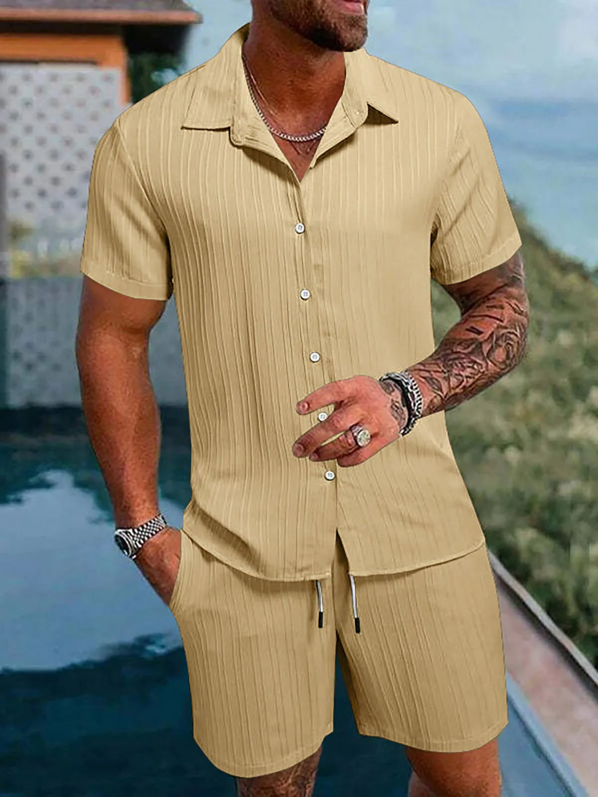 Herren Kurzarm Hemd Set Grün mit Shorts Strukturmuster Freizeit Zweiteiler Sommer Outfit