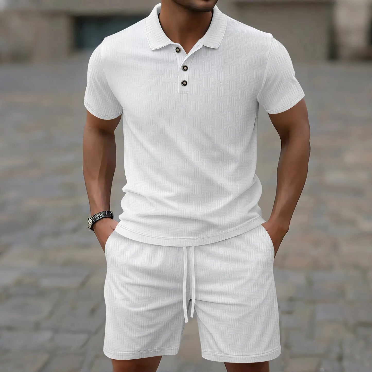Herren Kurzarm Polo-Set Creme mit Shorts Strukturmuster Freizeit Zweiteiler Sommer Outfit