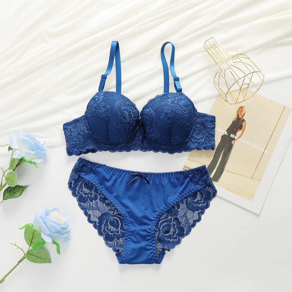 Damen Dessous Set Rot Spitzen BH Slip Set mit Bügel verstellbaren Trägern und Push-up Form