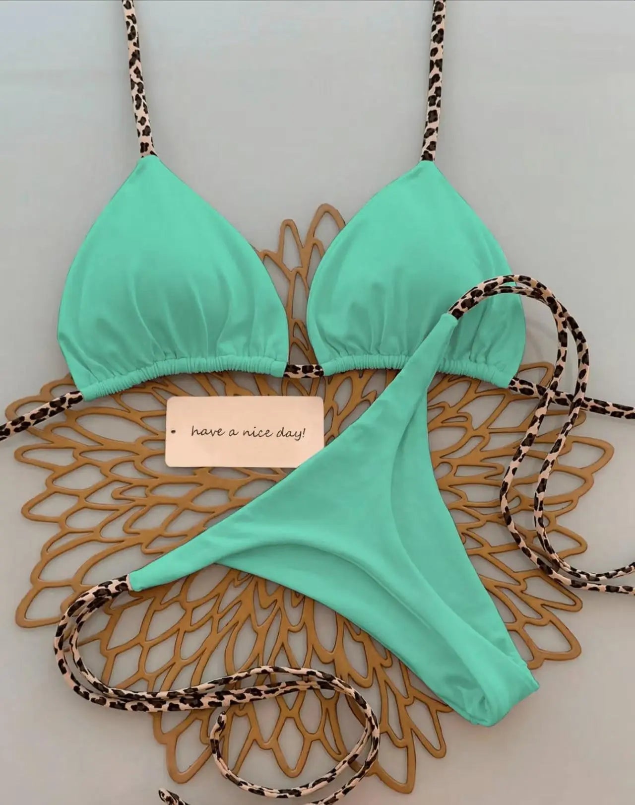 Damen Bikini-Set Leopardenmuster Tanga Bademode Strand Badeanzug