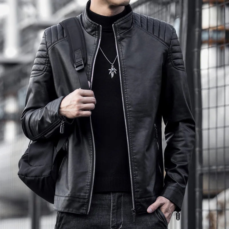 Herren Lederjacke Schwarz Slim Fit Klassisch Reißverschluss Elegant