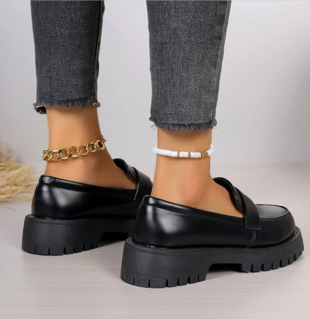 Damen Loafer Plattform Schwarz Plus Size Oxford Schuhe runde Kappe dicker Boden Slip-On