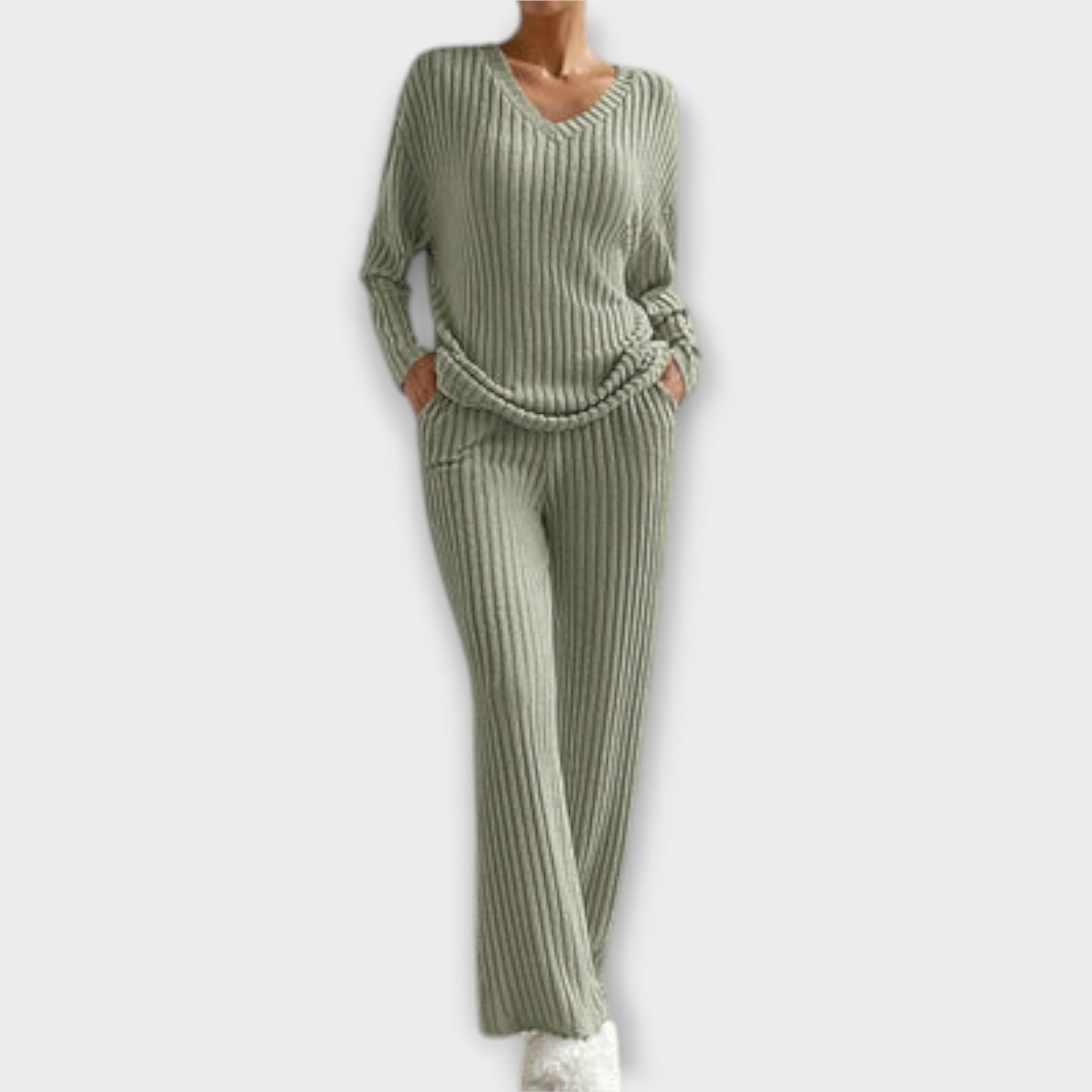 Damen Zweiteiler Regular Fit Geripptes Oberteil mit V-Ausschnitt Hose Elastischer Bund Casual Lounge Set 2-teilig