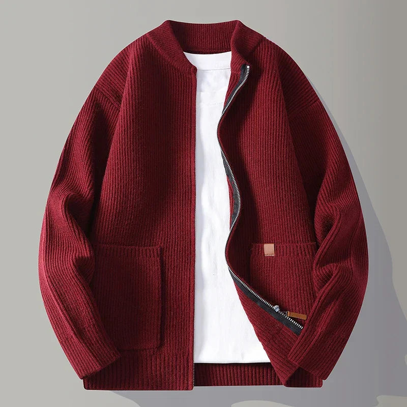 Herren Rippstrick Cardigan Reißverschluss Kragenlos Regular Fit Strickjacke Taschen Alltag Basic