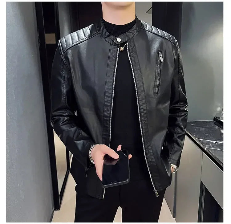 Herren Lederjacke Schwarz Slim Fit Elegant Klassisch Reißverschluss
