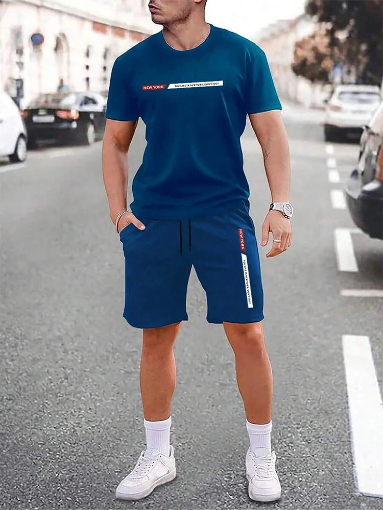 Herren T-Shirt Set Türkis mit Shorts Freizeit Zweiteiler Kurzarm Sommer Outfit
