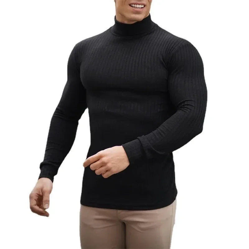 Herren Rollkragen Shirt Slim Fit Langarm Strickshirt Atmungsaktiv Schnelltrocknend für Gym Fitness Bodybuilding