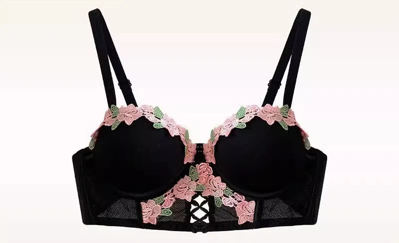 Damen Dessous Set Creme mit floraler Stickerei, Bügel-BH, Slip, transparente Einsätze, romantisches Design