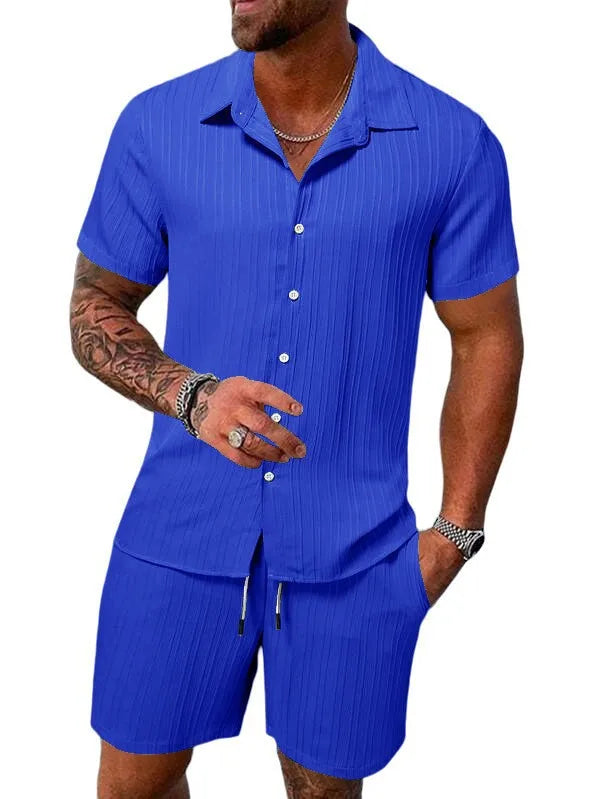 Herren Kurzarm Hemd Set Grün mit Shorts Strukturmuster Freizeit Zweiteiler Sommer Outfit
