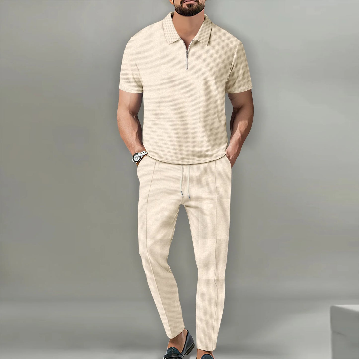 Herren Polo Set Creme mit Shorts Kurzarm Reißverschluss Strukturmuster Freizeit Zweiteiler Sommer