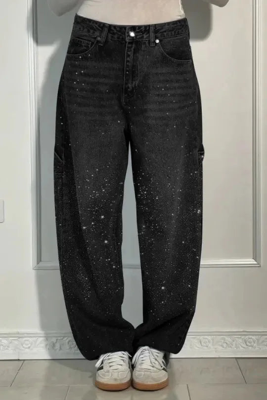 Damen Wide-Leg-Jeans High Waist mit Sternen und Hot-Diamond-Details Modische Casual Jeans