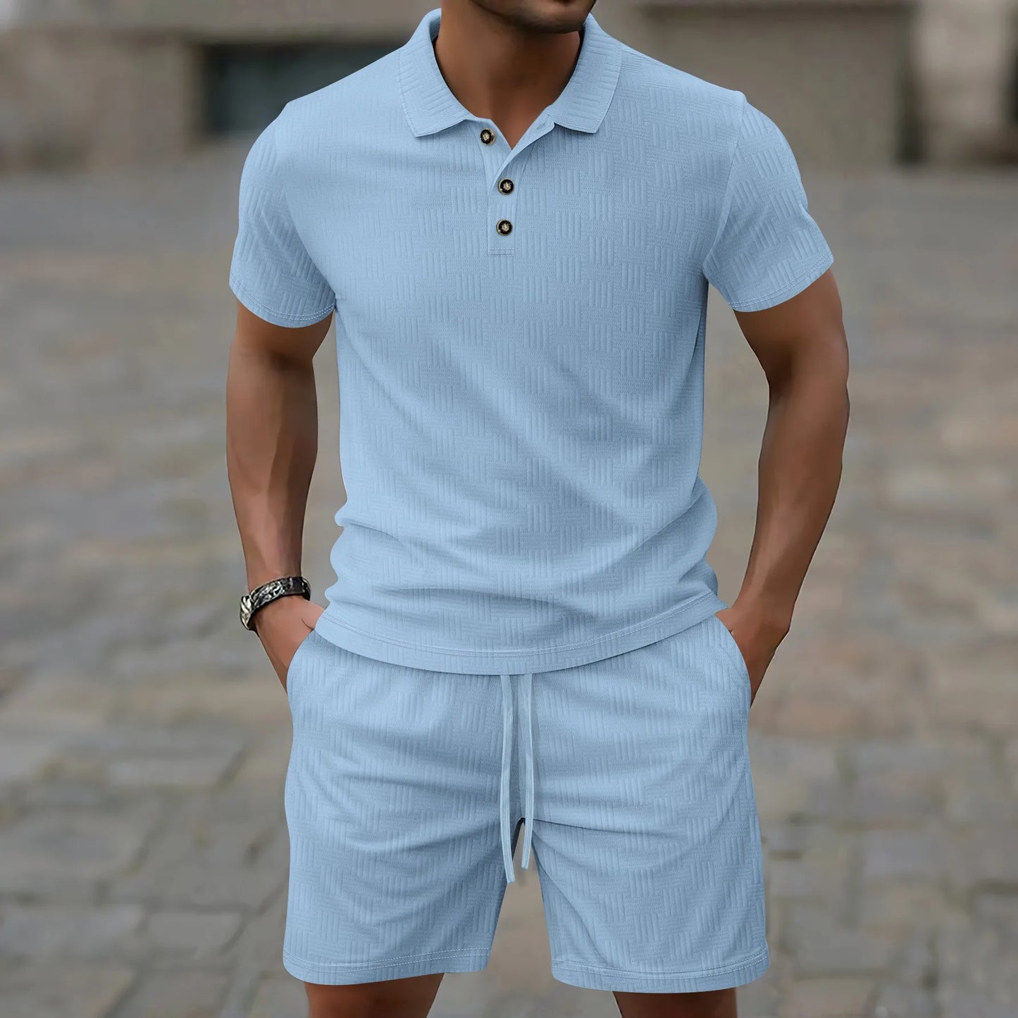 Herren Kurzarm Polo-Set Creme mit Shorts Strukturmuster Freizeit Zweiteiler Sommer Outfit