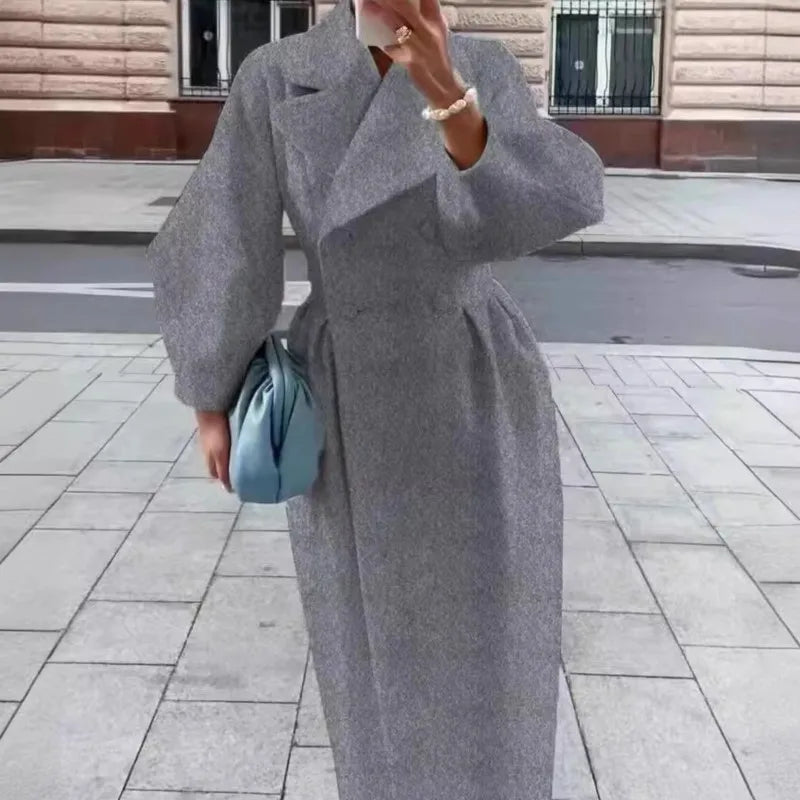 Damen mantel aus Wollmix, langer eleganter Mantel mit Reverskragen, Doppelknopfleiste und tailliertem Schnitt