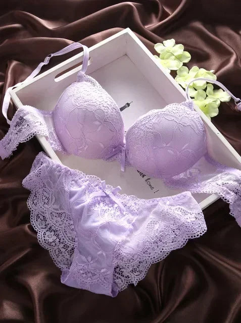 Damen Dessous Set dunkelblau Spitzen BH Slip Push-up transparent florales Design