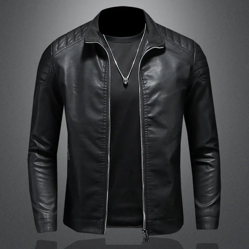 Herren Lederjacke Schwarz Slim Fit Klassisch Reißverschluss Elegant