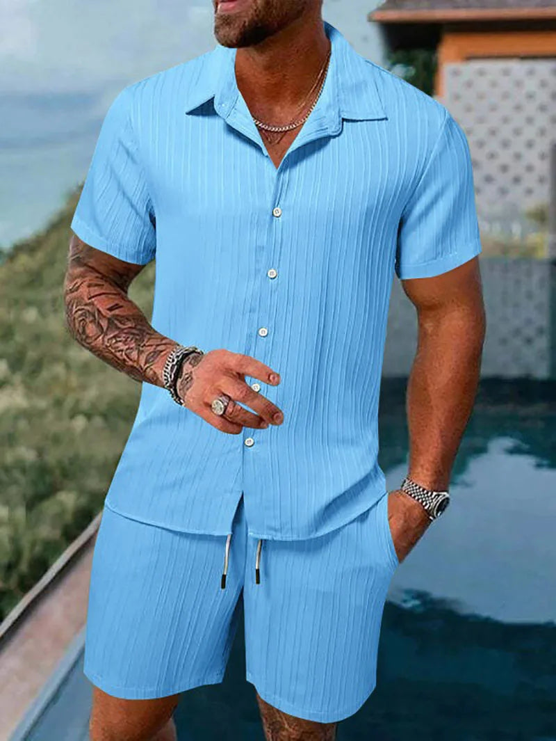 Herren Kurzarm Hemd Set Grün mit Shorts Strukturmuster Freizeit Zweiteiler Sommer Outfit
