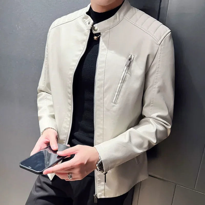 Herren Lederjacke Schwarz Slim Fit Elegant Klassisch Reißverschluss