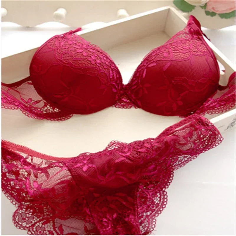 Damen Dessous Set dunkelblau Spitzen BH Slip Push-up transparent florales Design