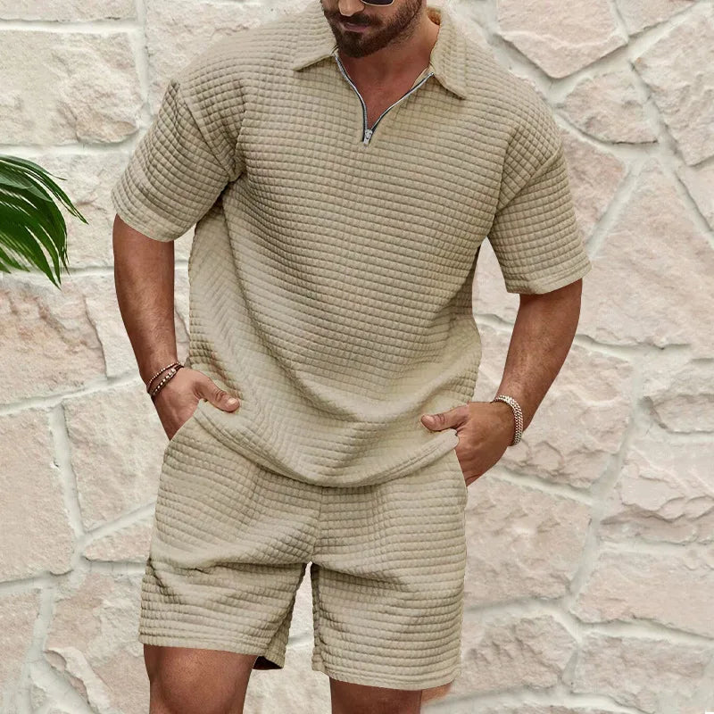 Herren Kurzarm Polo-Set Olivgrün mit Shorts Strukturmuster Reißverschluss atmungsaktiv Freizeit Zweiteiler