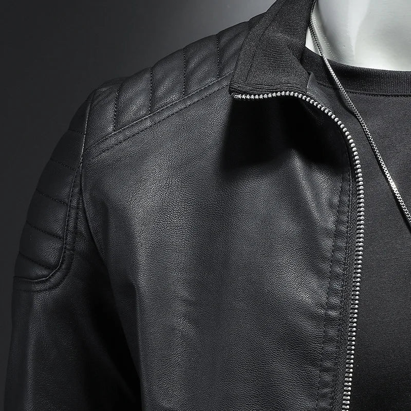 Herren Lederjacke Schwarz Slim Fit Klassisch Reißverschluss Elegant