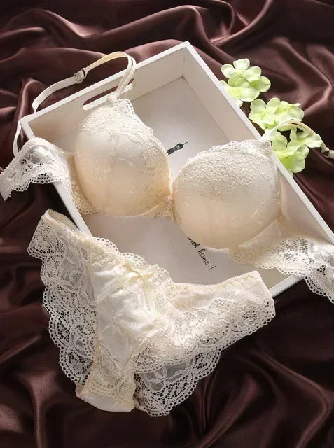 Damen Dessous Set dunkelblau Spitzen BH Slip Push-up transparent florales Design