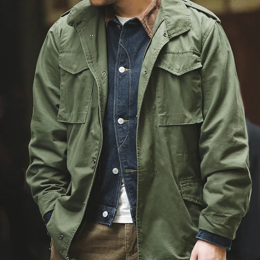 Herren M65 Feldjacke Grün, Vintage Militärjacke mit Reverskragen und Taschen, Casual Windjacke